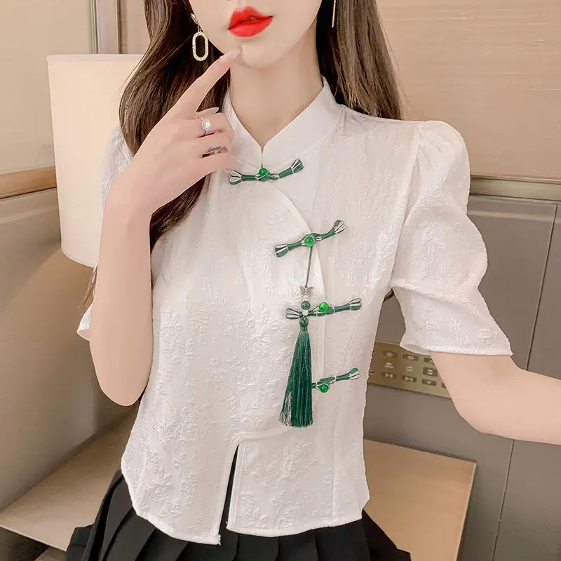 Vintage Blouses Women Fashion Clothing Tassel Elegant Stand Collar Aesthetics Chinese Style Hipsters Tradition Ladies All-match