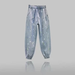 Vintage Denim Jeans für Student Mode Marke Licht Blau Strass Lose Hosen Plus Größe 4XL 5XL Frauen Kühlen Streetwear Jeans