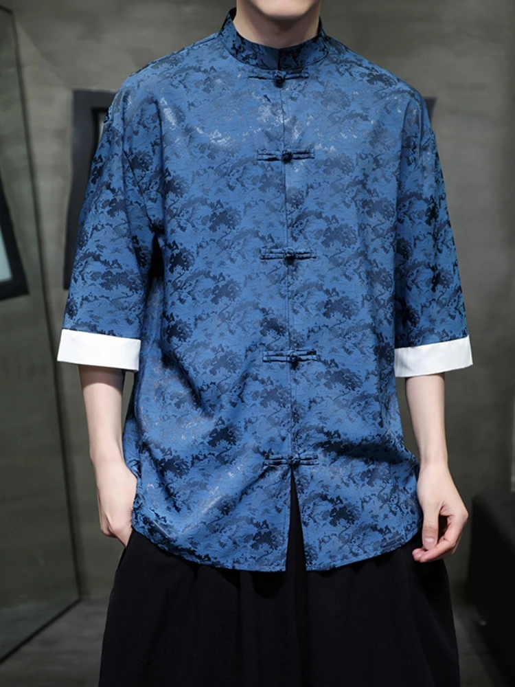 

New Chinese Style Men's Shirt Thin Ice Silk Short Sleeve Tang Costume Summer Fashionable Mencostume Stand Collar Button up