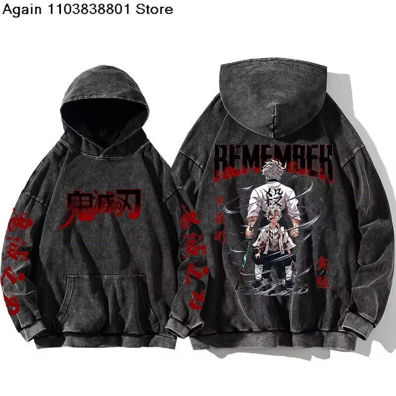 Demon Slayer Tokitou Muichirou Manga Printed Hoodies For Men Women Pure Cotton Sweatshirts Vintage Washed Oversized Streetwear