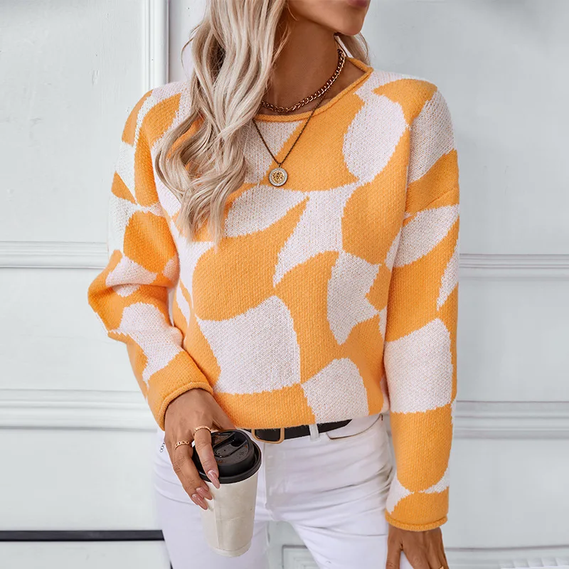 Contrasting color pullover European and American sweater women autumn and winter new casual fashion loose hemmed cross-border sw