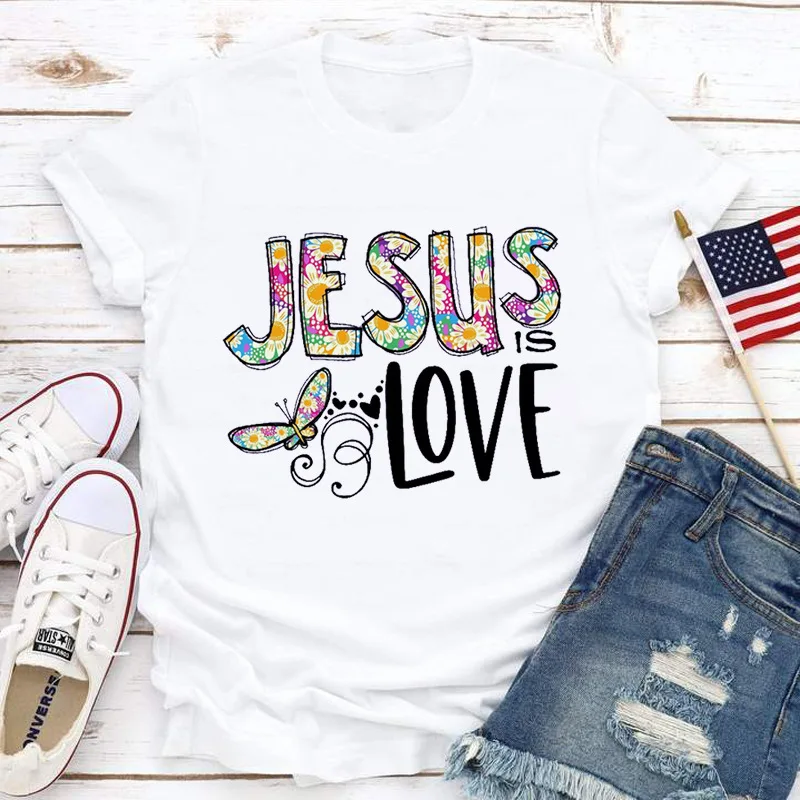 Jesus Love Print Women T Shirt Short Sleeve O Neck Loose Women Tshirt Ladies Tee Shirt Tops Clothes Camisetas Mujer