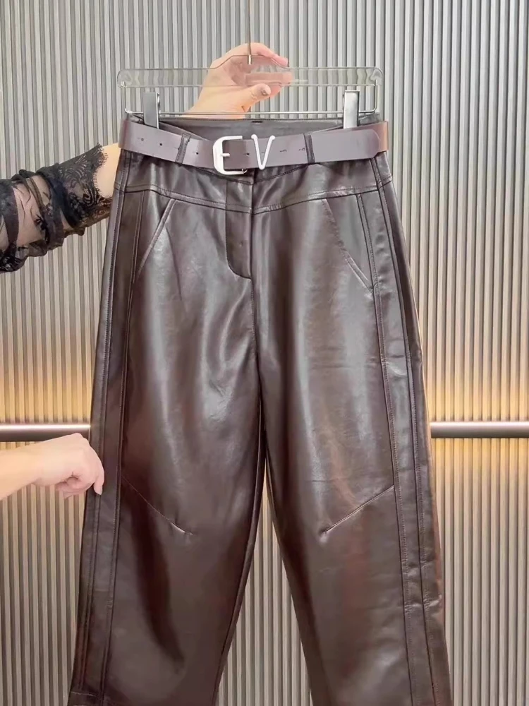 여성 루즈 와이드 레그 PU 가죽 바지 가을 겨울 신축성 있는 허리 패션 Y2K 따뜻한 바지 스트레이트 엘레강트 바지 아우터웨어