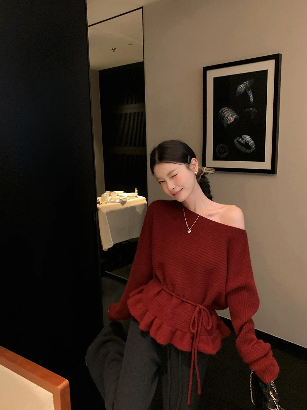 

Женский шерстяной вязаный свитер Ibell Zhang с кружевным подолом, длинными рукавами, круглым вырезом, коротким рукавом, теплый, приталенный, на одной пуговице