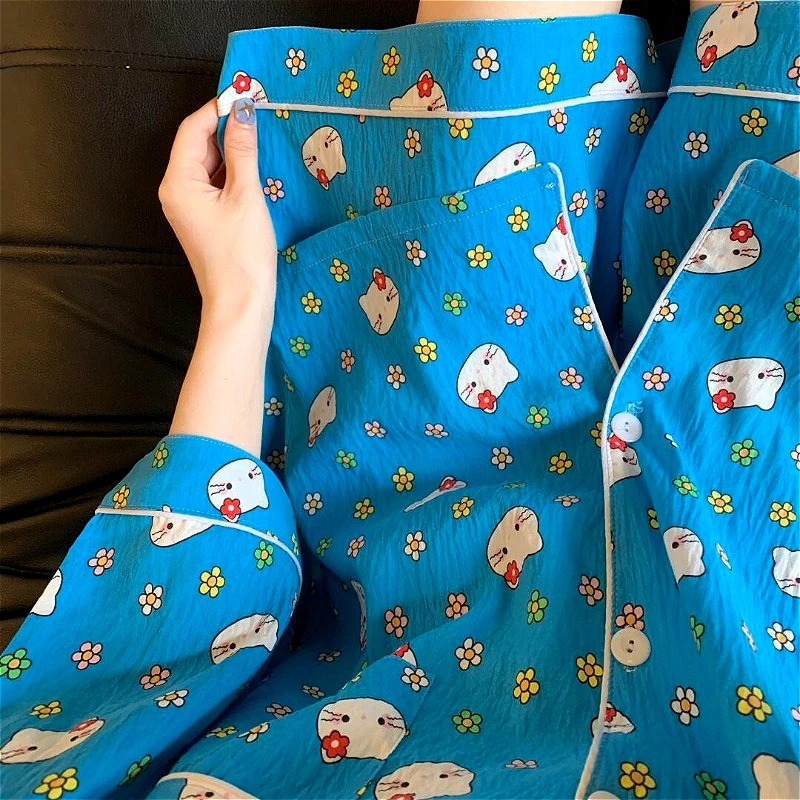 Sweet Hello Kitty Womens Pajama Sets Sleepwear Blue Floral Sanrio Short Sleeved Shorts Set Cute Girls Pijama Home Clothes Summer