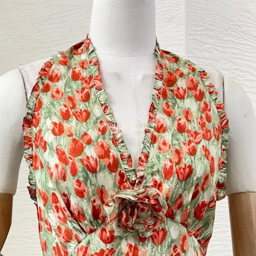 Green Red Floral Print Ruffles Frilled Sleeveless Backless Mermaid Fishtail Midi Dress 2025