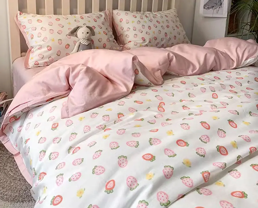 Romantic sweet strawberry pink bedding set kid,full queen King cute lovely modern home textile bed sheet pillow case duvet cover