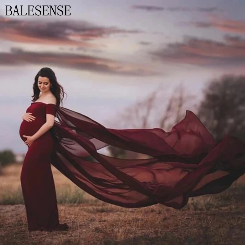 Vestidos de fotografía de maternidad para mujeres embarazadas, elegantes vestidos con hombros descubiertos de gasa, manga de capa acampanada, Maxi vestidos para sesión de fotos