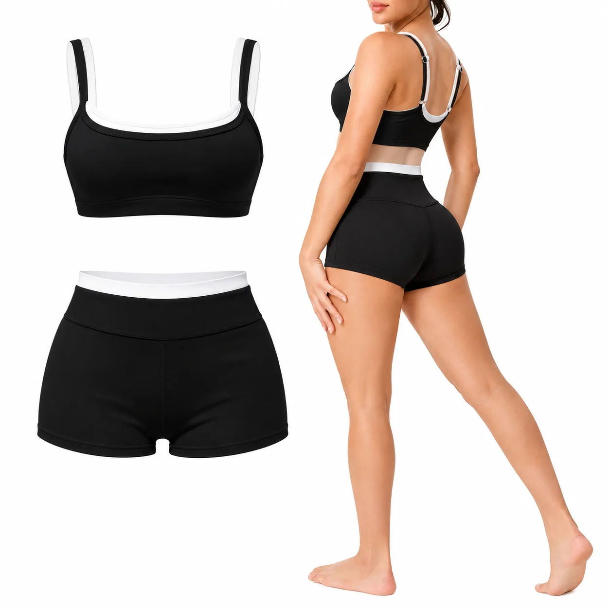 Women's 2 Piece Yoga Shorts Set, Contrast Faux Layered Set, 4-Way Stretch Comfort for Pilates, Workouts and Lounge Wear