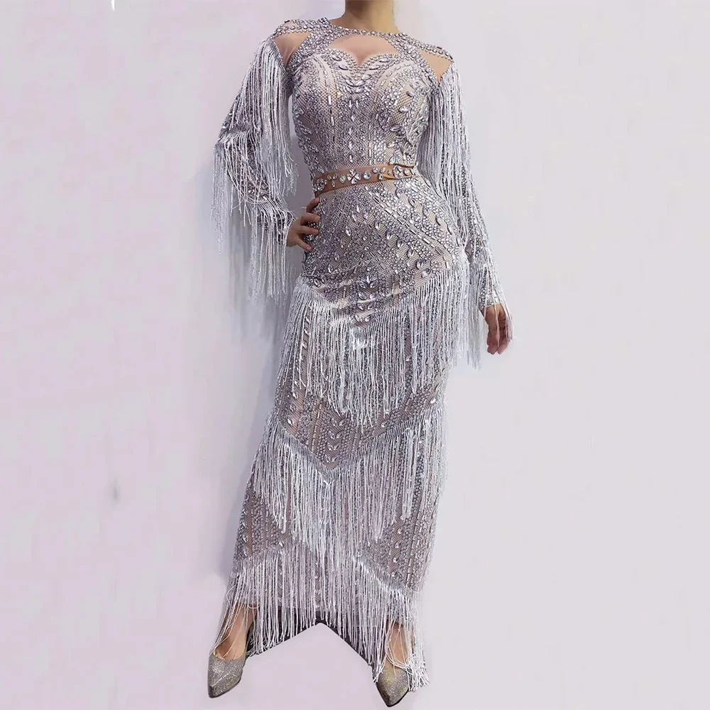 Sparkling Inlaid Diamond White Crystal Fringes Women Dress Split Floor-Length Skinny Elastic Outfit DJ Singer Dance Stage Wear