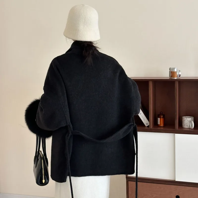 HKSH Autumn Winter New Women Coat Long Sleeved Patchwork Fur Sashes Elegant Fashion Office Lady Double-Sided Wool Jacket HK12024