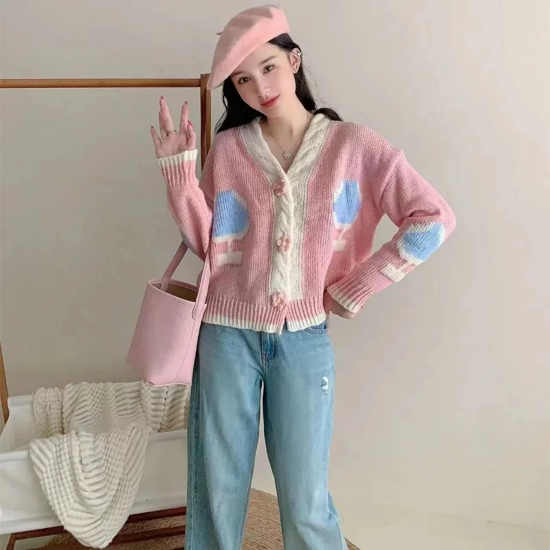 Cardigan Female Spring and Autumn 2023 Gentle and Sweet Knitted Cardigan Contrast Color Foreign Reduced Age Sweater Coat Female