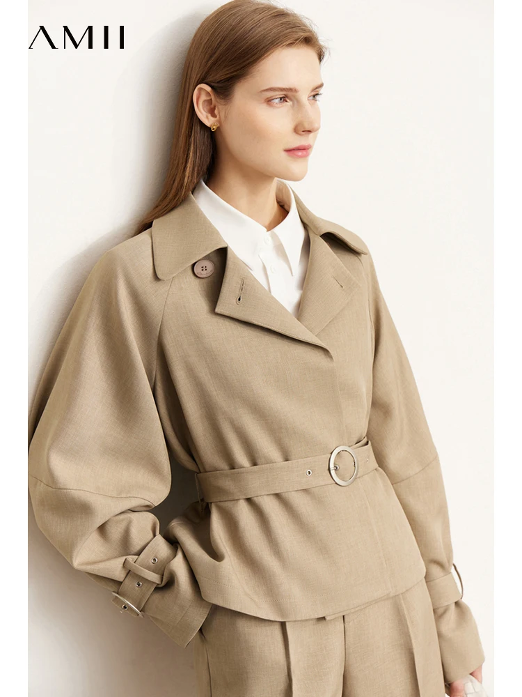 Imagem -03 - Amii-trench Coats Minimalismo Feminino Gola Virada para Baixo Trench Coat Cinto Jaqueta Curta Feminina Fina Moda Primavera 2023 12241053