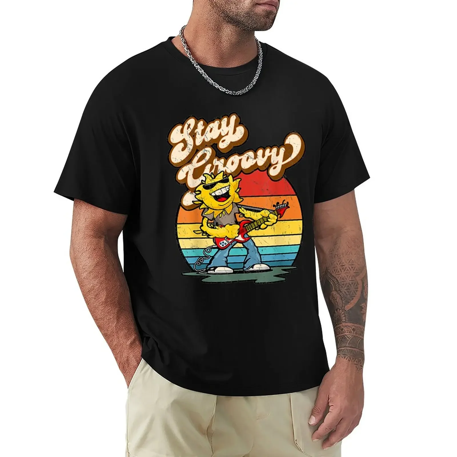 Retro Stay Groovy Vintage Classic Rock Guitar Playing Sun T-Shirt plus sizes funnys new edition Men's t shirts