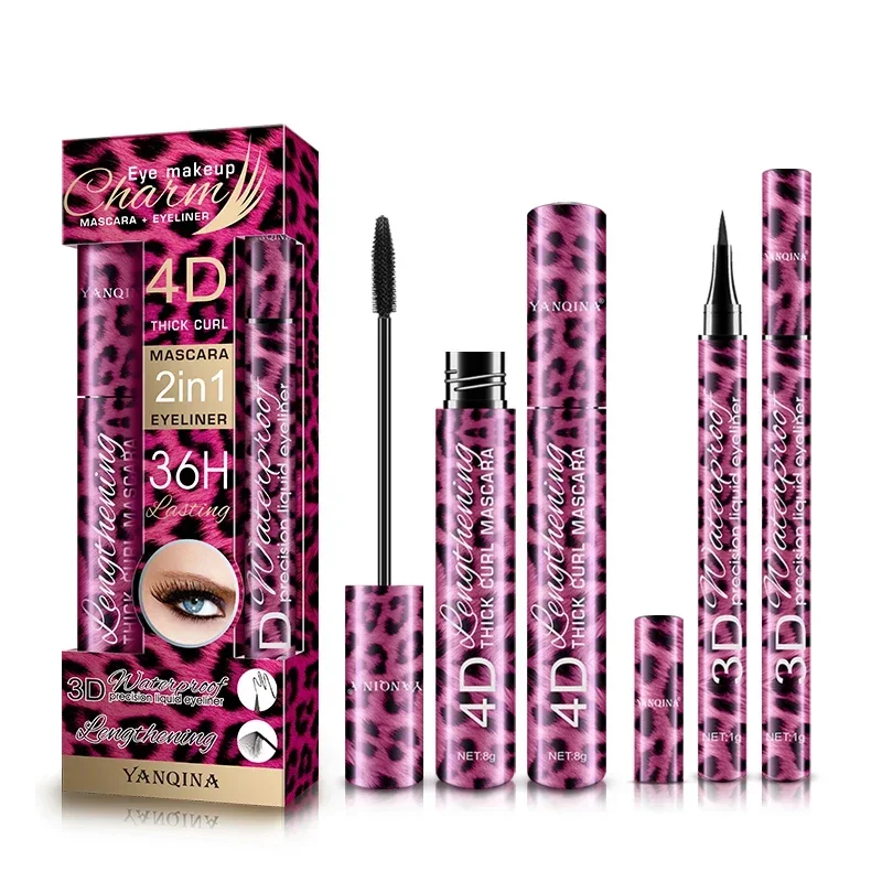YANQINA-lápiz delineador de ojos líquido + juego de rímel resistente al agua 4D, cosméticos, delineador de ojos, máscara rizada gruesa, lápiz de cejas, maquillaje de ojos