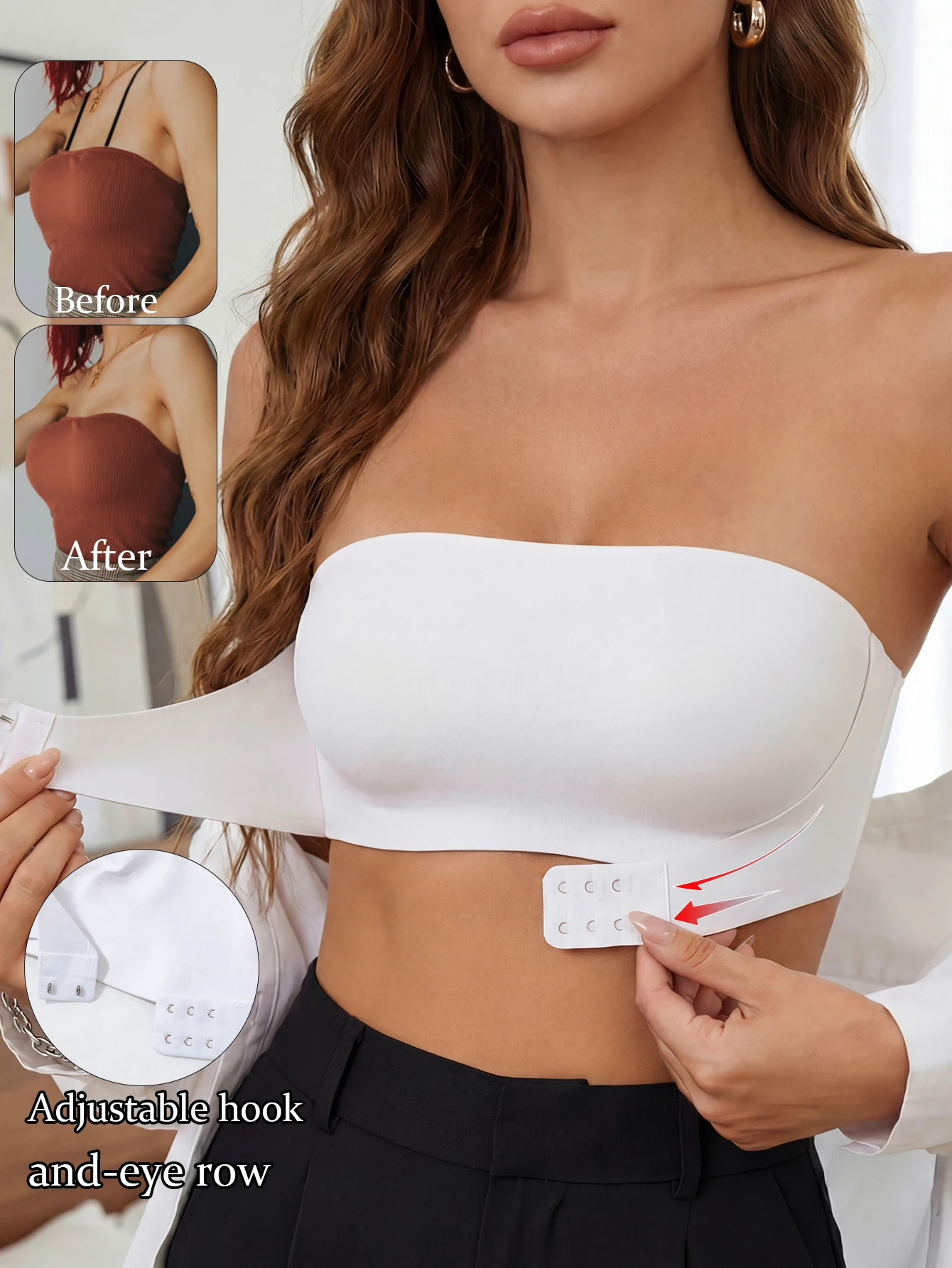 Trägerloser BH für Damen, nahtloser BH mit Schnalle vorne, kabelloser, rutschfester BH, sexy Crop-Top-Unterwäsche, unsichtbarer Halbschalen-BH, einteilig – Detail 3