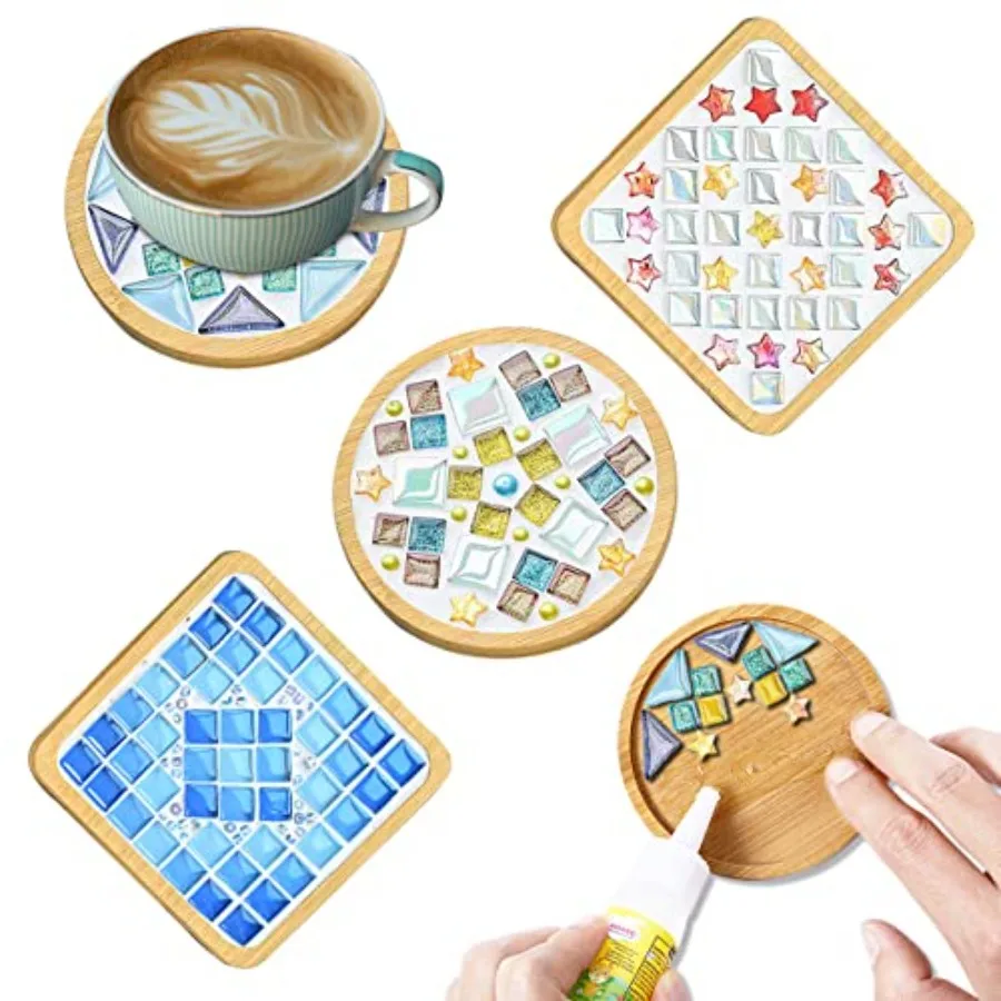 

4 Sets DIY Glass Mosaic Tiles for CraftsMixed Color Mosaic Kits with Wooden Coaster for Adults Mosaic Crafts Materials Package