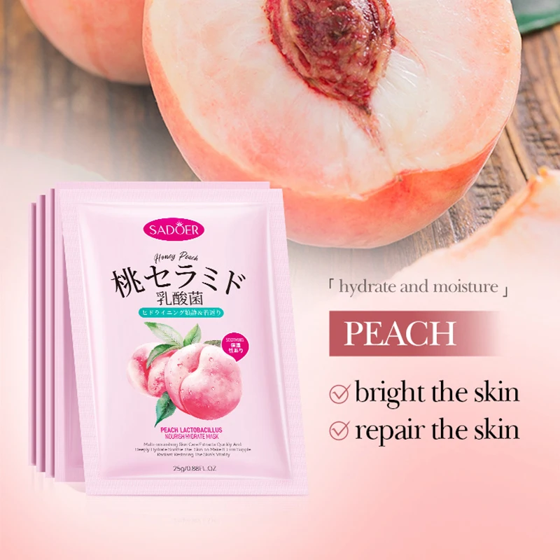 5pcs SADOER Peach Lactobacillus Face Mask Moisturizing Brightening Hydrating Nourishing Firming Facial Masks for Face Skin Care