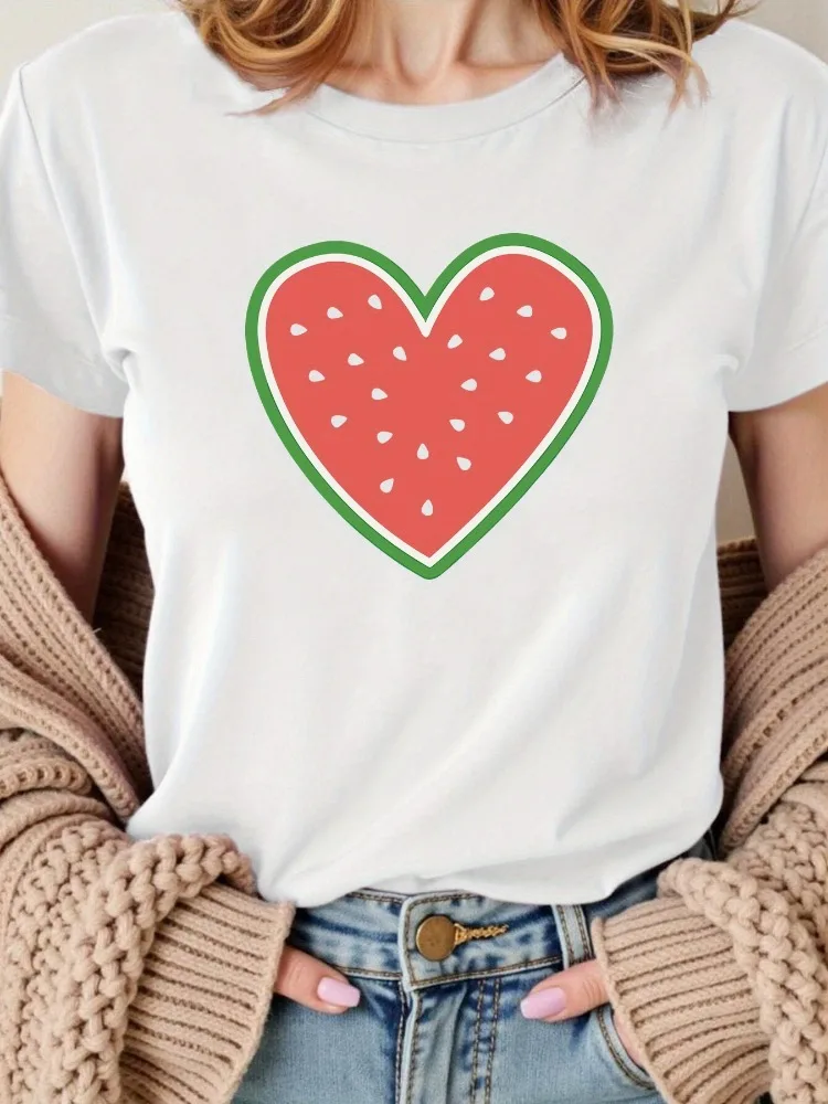 Women's Summer Casual Short-Sleeve T-Shirt with Bright Red Watermelon Heart Pattern Breathable Round Neck Top for Everyday Wear