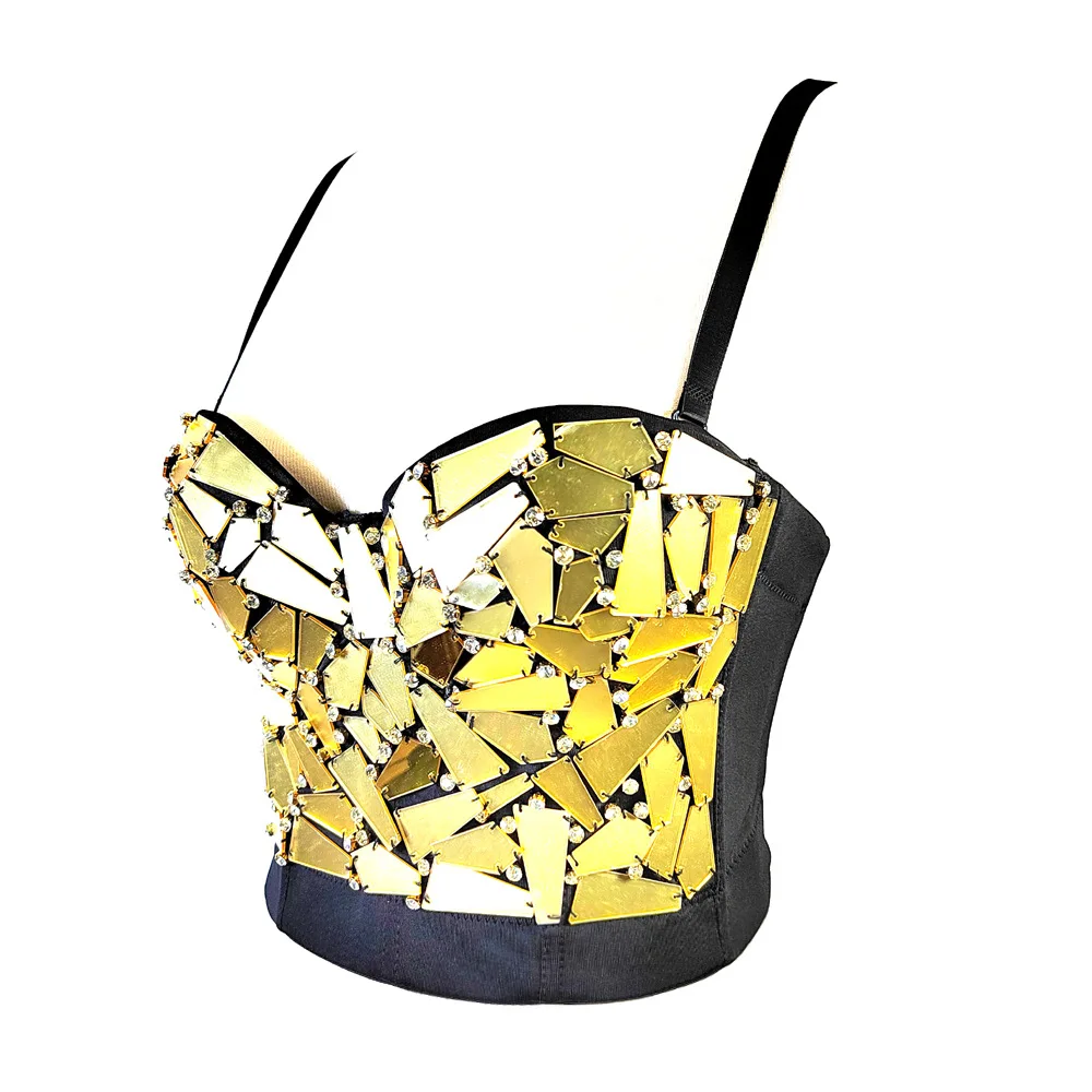 Sparkling Rhinestone Acrylic Beaded Bustier Mirror Lens Fishbone Halter Top Sexy, Form-Fitting, Slimming Party Dress