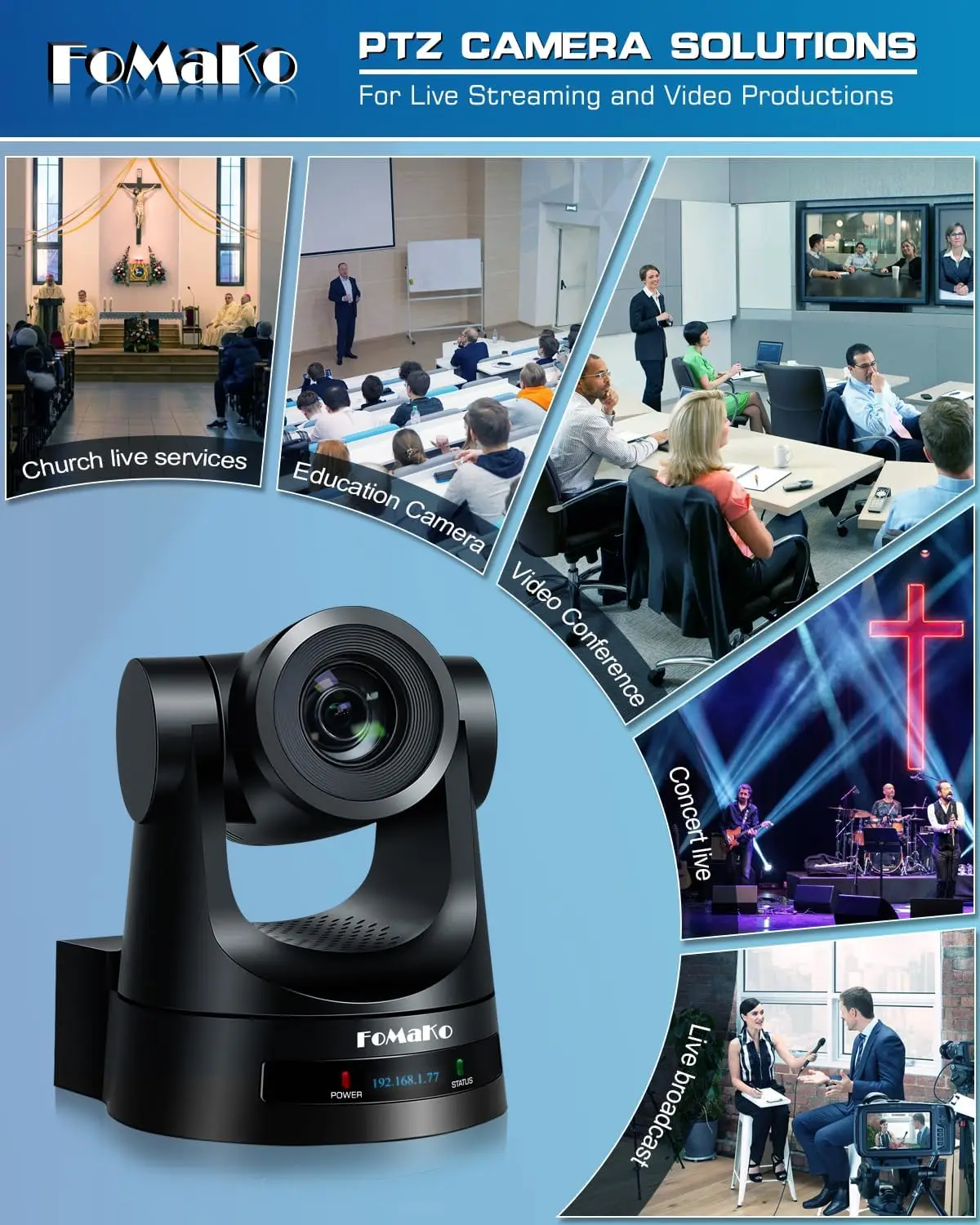 Cámara FoMaKo PTZ, Zoom óptico 30x AI Auto-Tracking Gen 3, paquete PoE HDMI PTZ para adoración de la iglesia, controlador de cámara PTZ, BH302