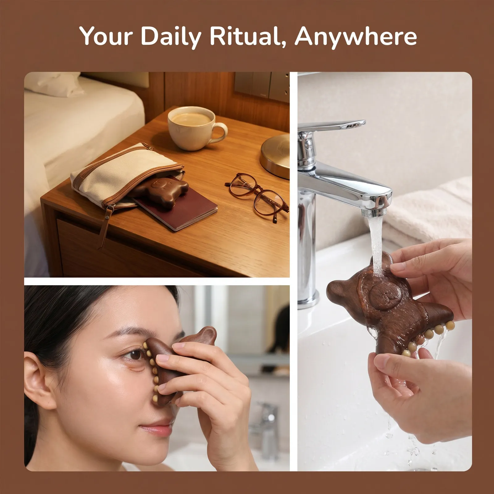 Sandalwood Face Massage Roller 7 Sheep Horn Beads Bear Handle Gua Sha Manual Meridian Scraping Tool for Facial Neck Body