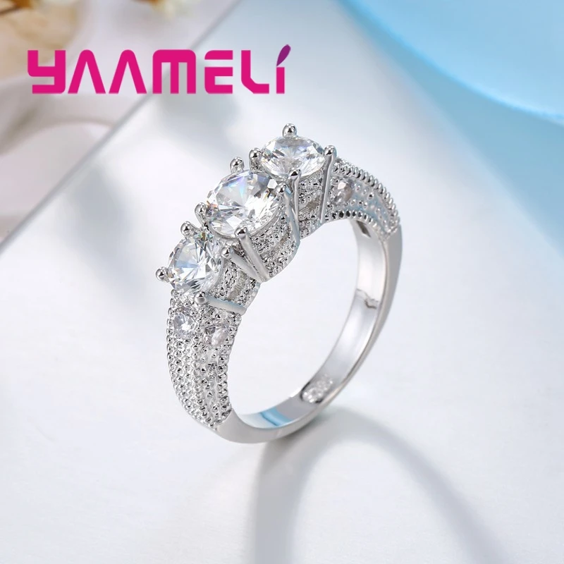 Exquisite Three Round Crystals Design 925 Sterling Silver Popular Finger Rings For Women Female Wedding Banquet Bague