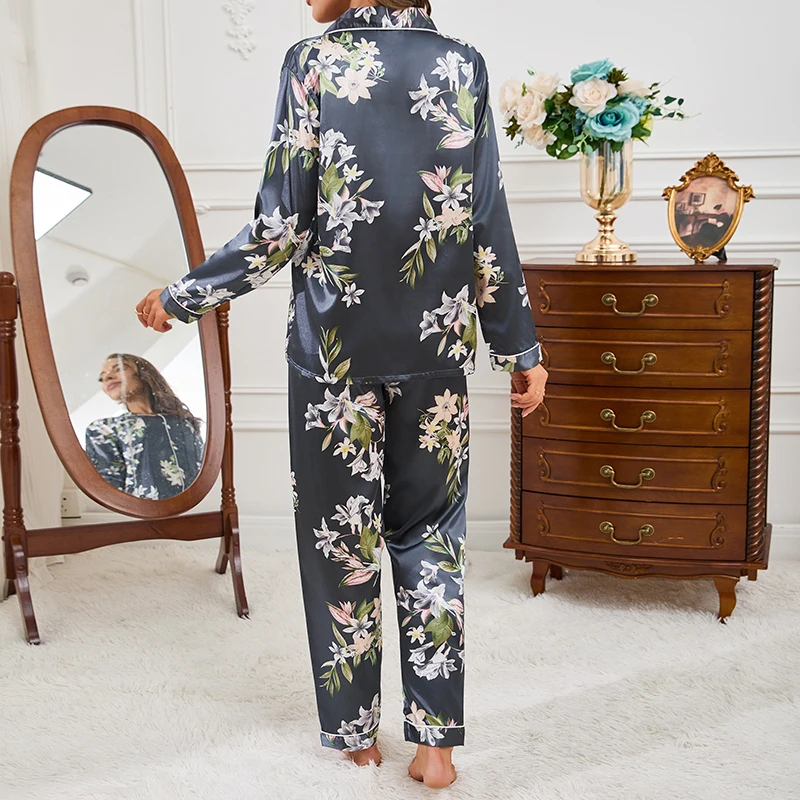 Women's Satin Casual Pajama Pj Set Autumn Long Sleeve Buttons Lapel Top & Pants Sleepwear Comfortable Relaxed Fit Home Clothes