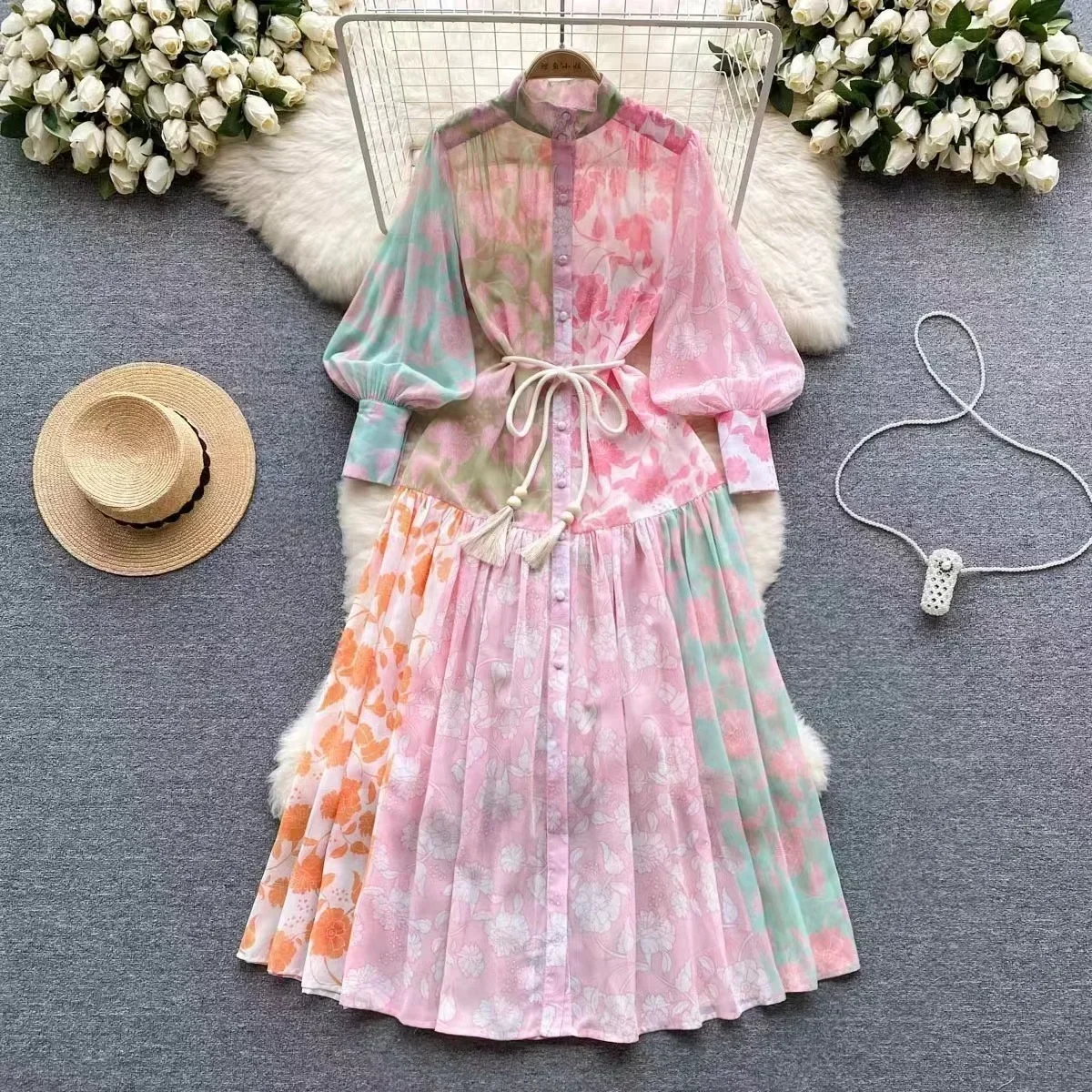 New Autumn Holiday Pink Maxi Dress Women Clothing Turleneck Long Lantern Sleeve Flower Retro Print Belted Chiffon Loose Vestidos