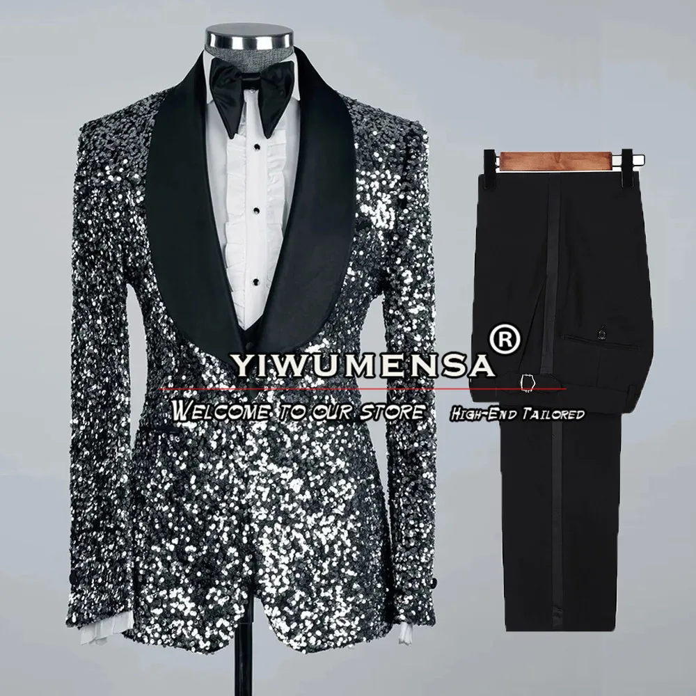 Hot Pink Sparkly Suit Men Slim Fit Sequins Blazer Peaked Laple Formal Wedding Tuxedo Custom Made 3 Pieces Prom Party Male Dress