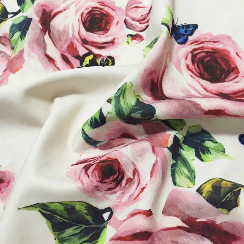 Europe And America Fashion Pink Rose Flower Printed Imitate Silk Satin For Women Dress Pants Handmade DIY Cloth Sewing