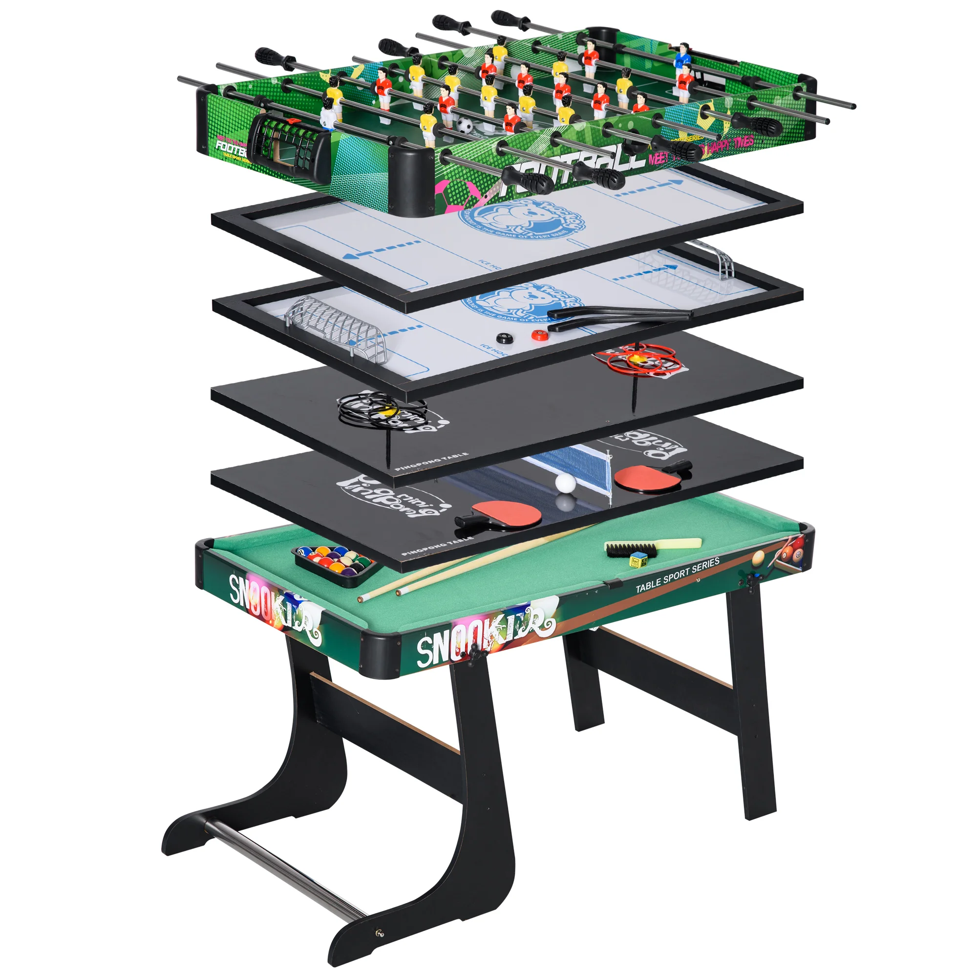 HOMCOM Mesa Multijuegos Plegable 6 en 1 Billar Futbolín Ping Pong 118x104x71 cm
