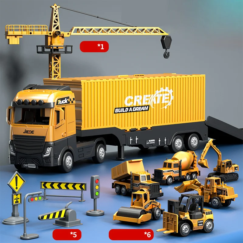 Alloy Construction Trucks Vehicle Toys for Kids Sounds Lights Effects Take Apart Container Crane,Excavator Trucks,Cement Mixer