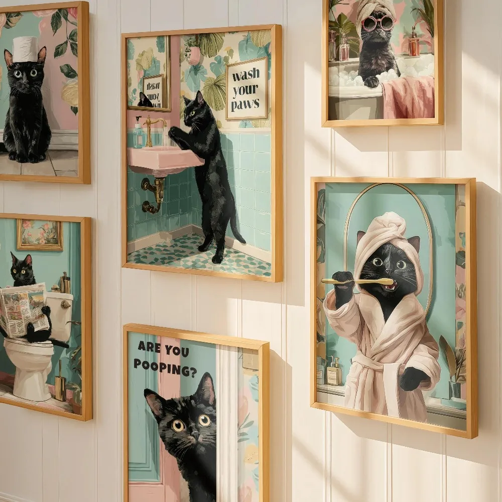 Frameless Black Cat Funny Bathroom Printable Wall Art,Cute Cat Bathing,Brushing Teeth,Reading Book Printing,Toilet Bedroom Decor