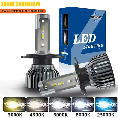 Erruson 300W 300000LM 2Pcs H4 H7 LED Headlight H11 H1 H3 Car Fog Light Bulbs 9005 9006 9012 Auto Driving Running Lamps 12V