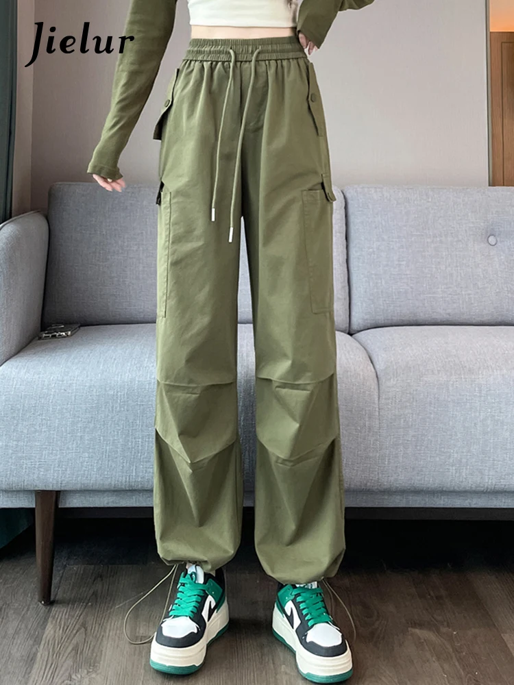 Jielur Simple Basic Drawstring Women Wide Leg Pants American Autumn Chic Pockets Loose Casual Trousers Pure Color Female Pants