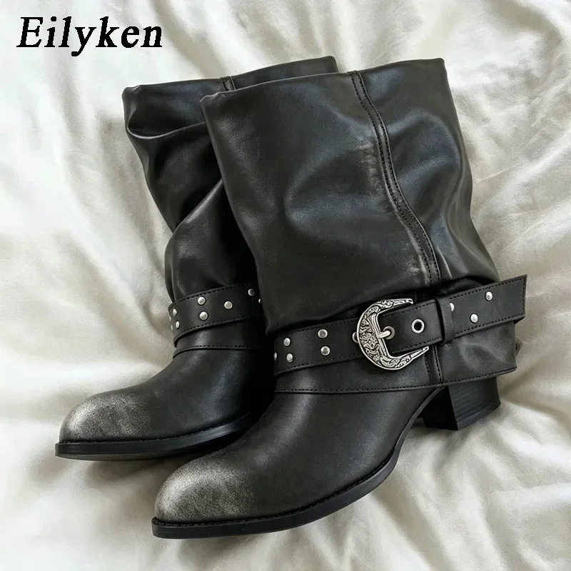 Eilyken Fashion Design Color Blocking Rivet Belt Buckle Strap Women Ankle Boots Punk Style Round Toe Square Low Heels Shoes