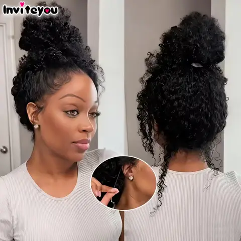 No Glue Upgrade 30 inch 250% HD 360 Lace Front Kinky Curly Wig Drawstring Lace Black Human Hair Water 3 in 1 Half Wigs Glueless