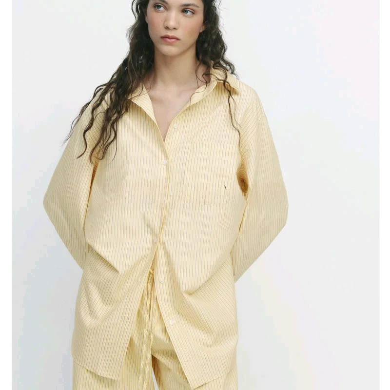 Celana Panjang Wanita Model Longgar Bahan Sutra Motif Garis-garis untuk Musim Semi, Set Pakaian Santai Kancing Depan