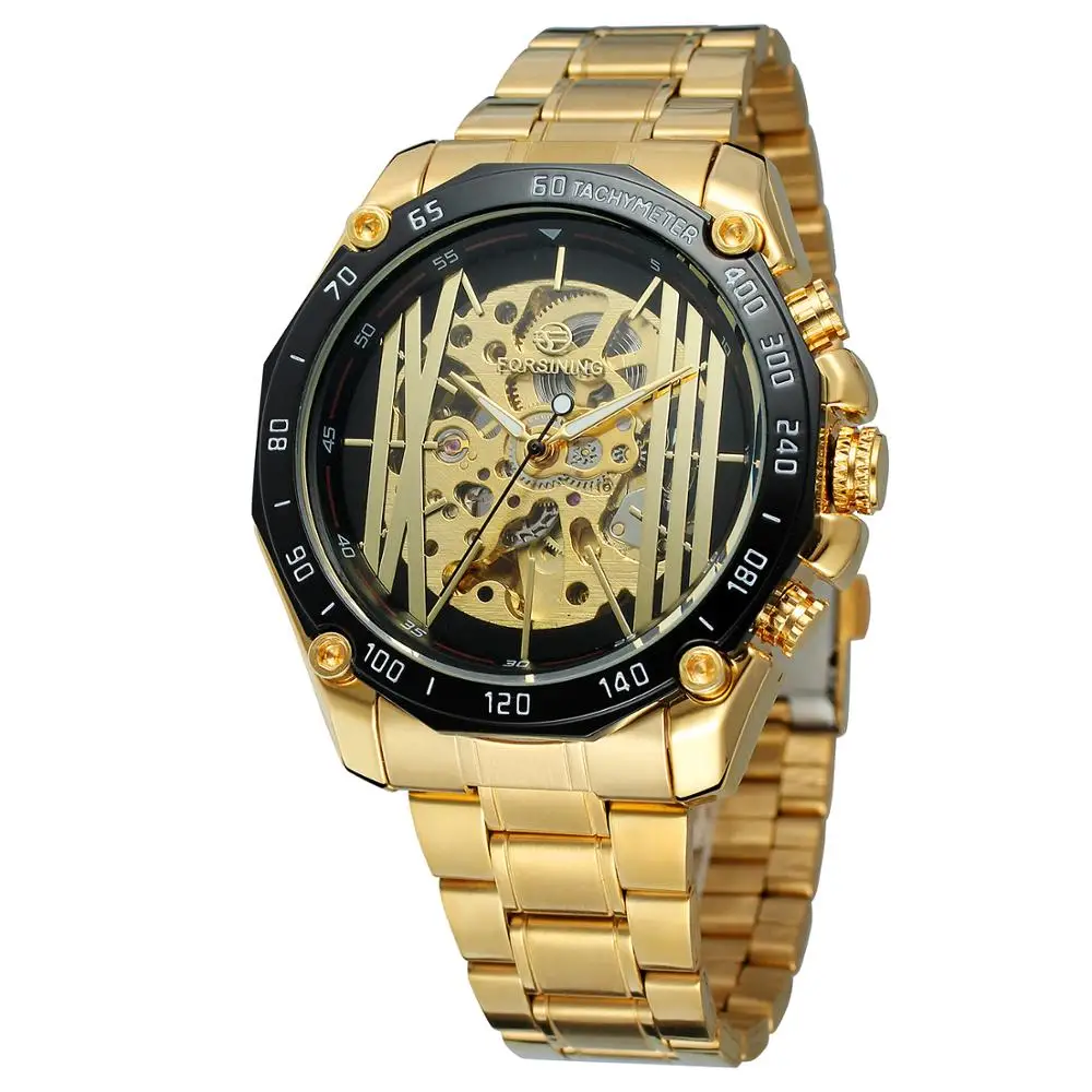 

Military Sport Design Transparent Skeleton Dial Gold Stainless Steel Mens Watches Top Brand Luxury Automatic Self Wind Watches