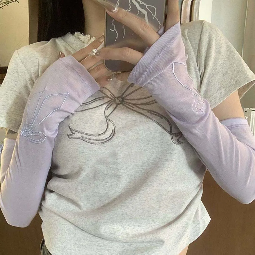 

Sweet Bow Ice Sleeves Embroidered Korean Style Breathable Long Arm Sleeves Anti-UV Sun Protection Arm Sunscreen Covers Girls