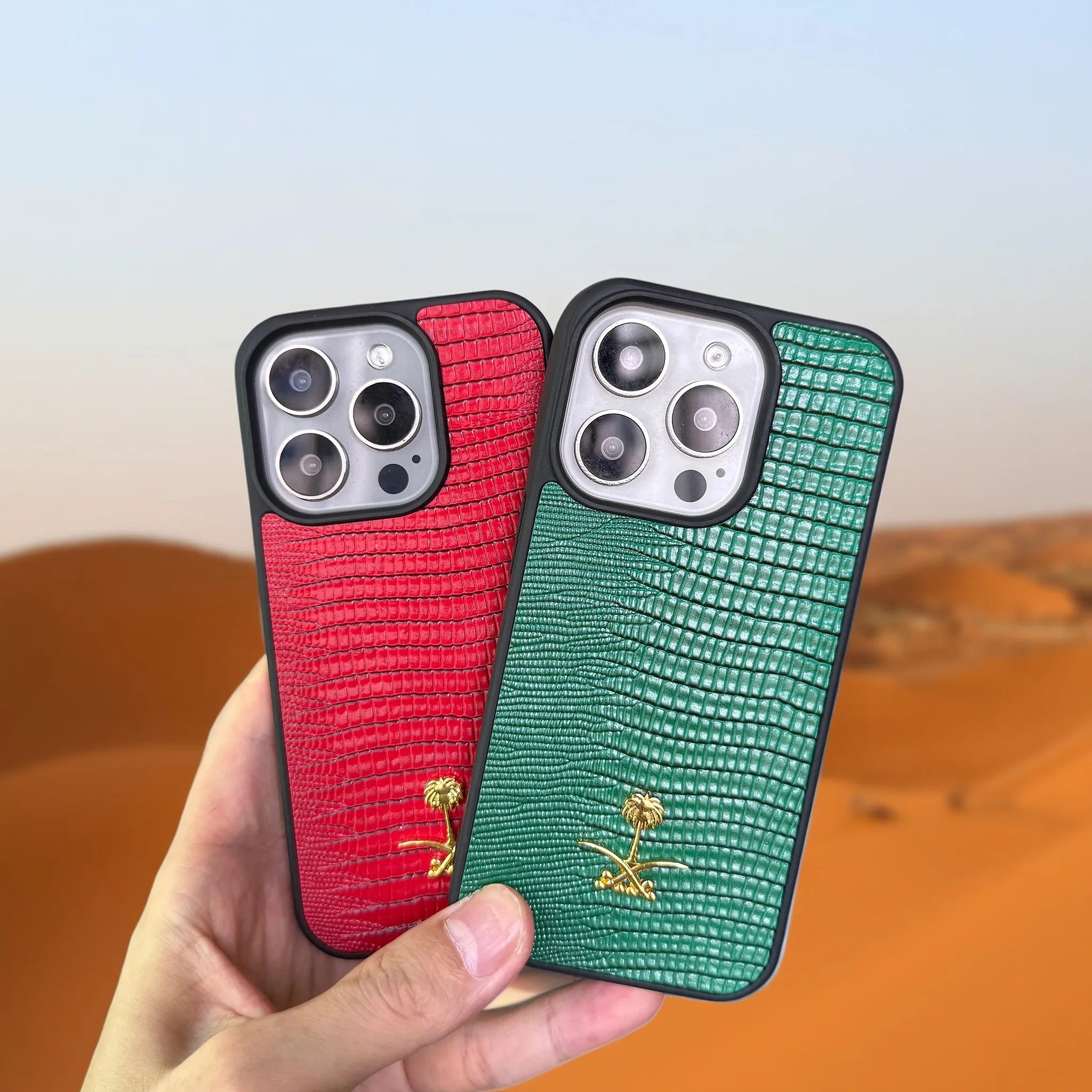 Handyhülle aus Eidechsenleder für iPhone AIR 17 16 15 14 Plus 13 12 11 Pro Max 16E, luxuriöse Hüllen mit Palmenlogo aus Metall, Carcasa