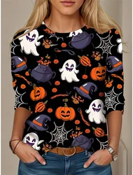 2024 Autumn and Winter New Women's Round Neck Long Sleeve T-shirt Halloween 3D Printed Casual Tops