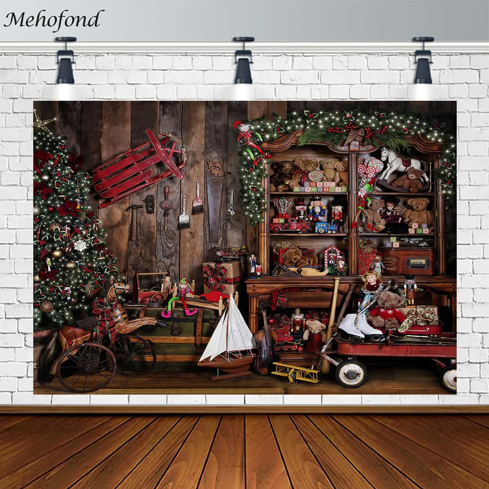 

Mehofond Christmas Decor Background Retro Toy Room Bear Wooden Figure Newborn Portrait Photography Backdrop Photo Studio Props