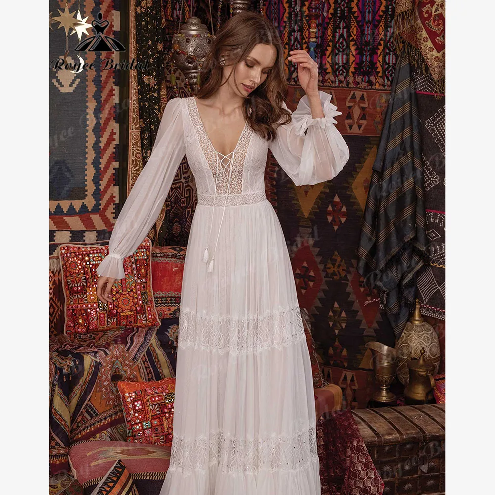 Sexy V-Ausschnitt böhmischen Langarm Chiffon Spitze Boho Brautkleid für Frauen 2024 Brautkleid Custom ize Vestido de Novia Bohemio