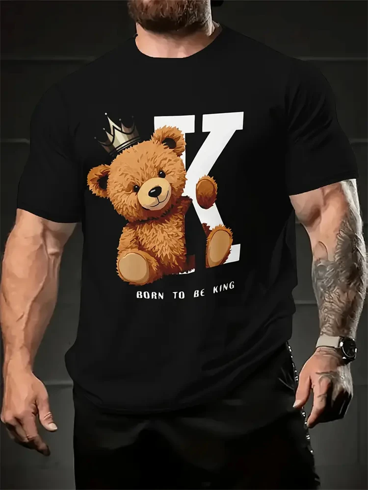 Hip-hop Style Cartoon Bear Print Men\'s T-shirt Summer Casual Daily Tops Fashion Men\'s Oversized Fitness Short-sleeved T-shirt