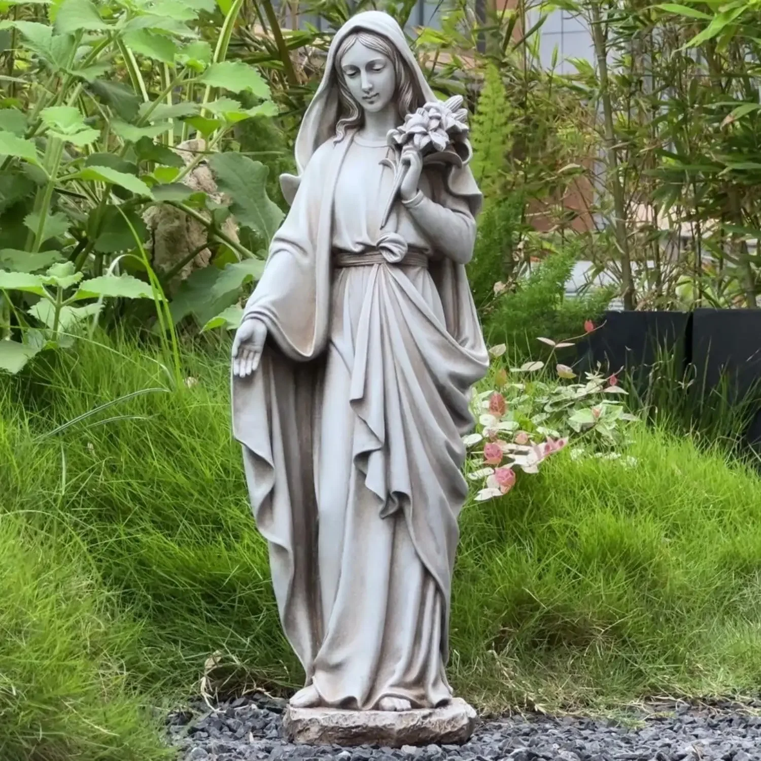 Virgin Mary Statue Outdoor, 24 Inches Blessed Mother Mary Garden Statue, Rustic Saint Mary Holding Lilies Outdoor Sculpture for