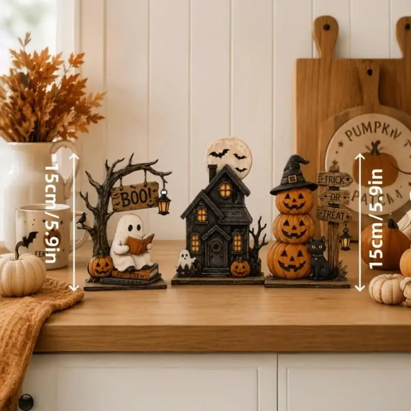 3 Stück Vintage-Halloween-Holz-Dekorationen für den Innenbereich mit Geister-, schwarzen Katzen- und Kürbis-Elementen zur Regaldekoration – Detail 6
