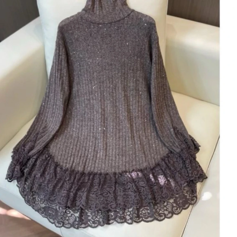 Jesienno-zimowe swetry damskie o średniej długości z golfem, nowa moda 2025, luźne, codzienne, koronkowe pulowery, bluzki, odzież wierzchnia damska.