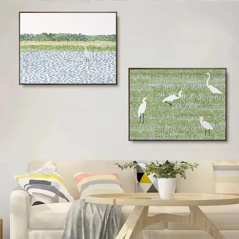Abstract Beach Coastal Hydrangea Heron Seagull Swimming Loons Illustration Poster Canvas Painting Wall Art Pictures Home Decor
